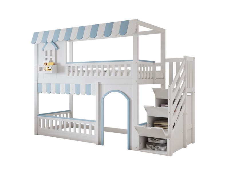  Lit superposé enfant 90x200 cm blanc et bleu avec escalier de rangement  - Conforama A
