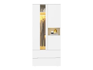 Armoire 90 x 50 x 200 cm, éclairage led, 3 portes battantes, 1 tringle à vêtements, 2 tiroirs, 6 compartiments, blanc