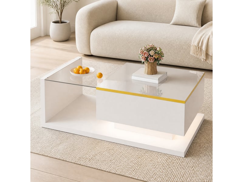  Table basse avec 1 compartiment et étagères ouvertes, led 16 couleurs, pour salon, 90 × 50 × 32,5 cm, blanc  - Conforama B