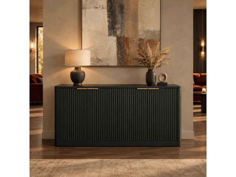  Buffet de rangement 150 cm, 4 portes à panneaux ondulés en mdf noir  - Conforama B