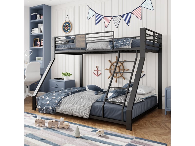  Lit superposé 90x200 et 140x200 cm métal, lit mezzanine familial enfant, échelle réversible, structure silencieuse protection sol - noir  - Conforama D