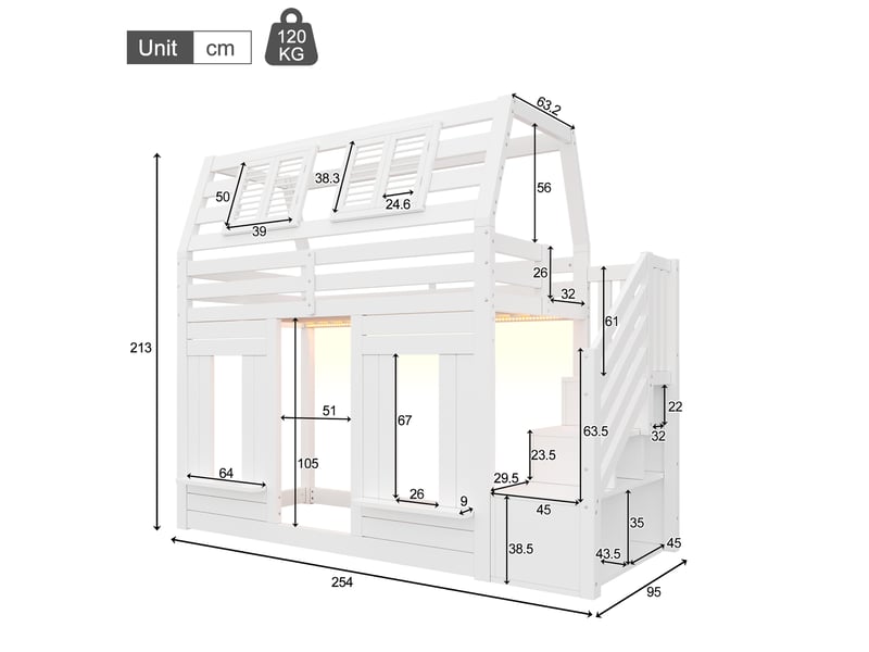 Lit mezzanine 90x200 cm avec led et échelle de rangement, lit cabane enfant avec barrière de sécurité, finition blanc bois, sommier à lattes inclus Bubbly - Conforama E