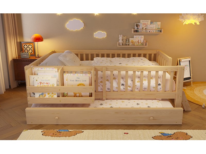 Lit gigogne 90x200cm, lit enfant avec petite échelle, panier de rangement, barrière, bois + mdf, couleur bois, sans matelas - Conforama B