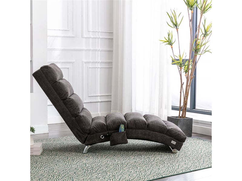 Chaise longue relax fixe vibrante en tissu effet lin avec poche latérale, gris foncé, 55 x 148 x 84 cm Fay Lum - Conforama E