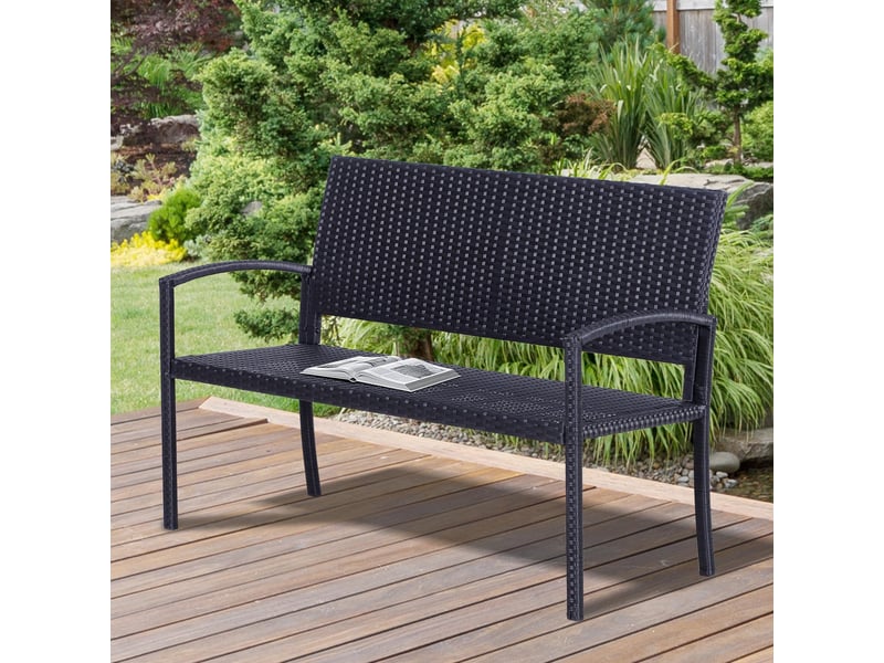  Banc de jardin aspect rotin, structure en acier, pour 2 personnes, noir, 122 x 60 x 85 cm  - Conforama D