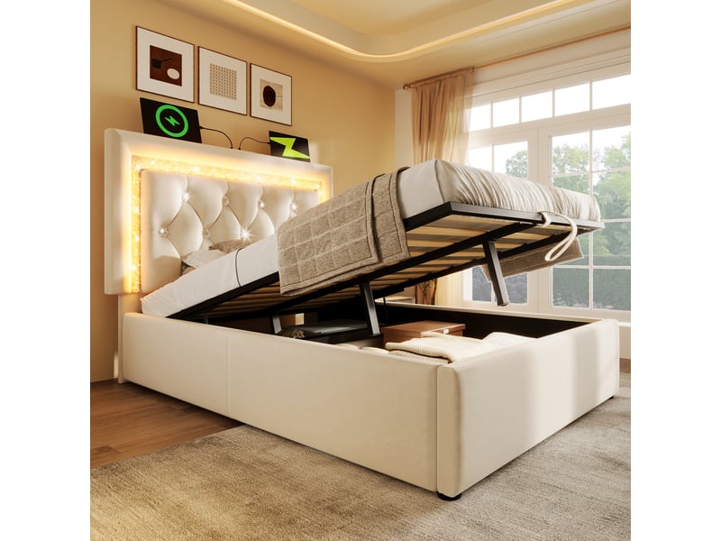  Lit simple capitonné 90x200 cm en velours, led et usb type-c, coffre hydraulique, beige, sans matelas  - Conforama D