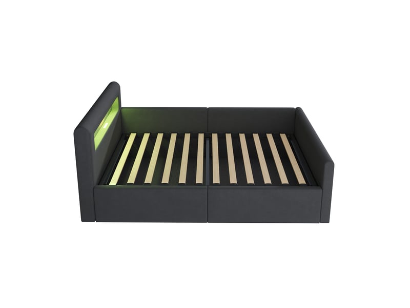 Lit enfant 90x200, velours gris foncé, led, usb, étagère et rangement hydraulique - Conforama A