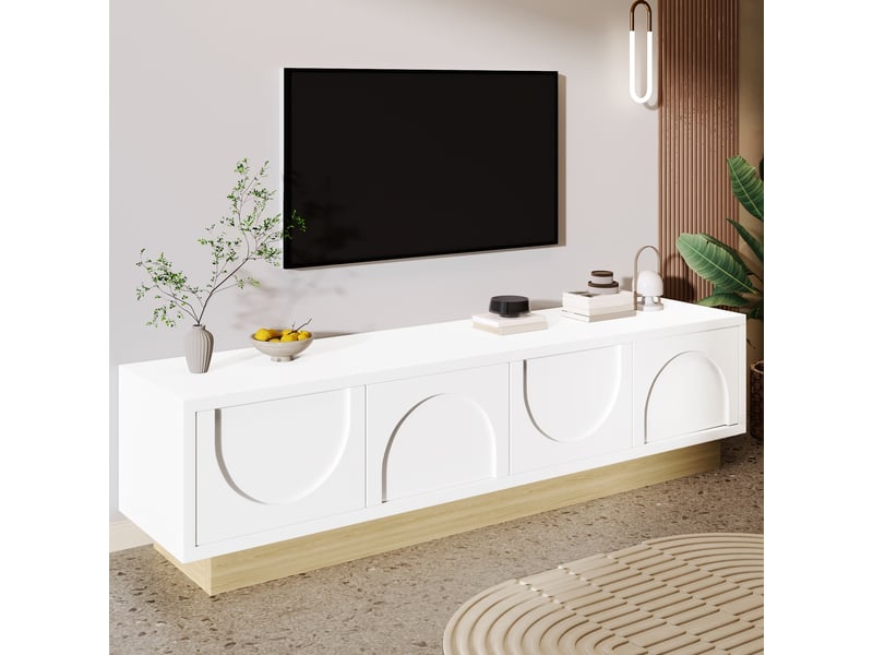 Meuble tv ulevr avec rangement et passe-câbles, 175 x 40 x 41,5 cm, mdf blanc et décor bois  - Conforama E