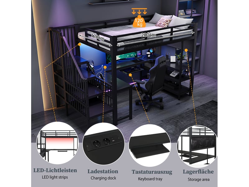  Lit mezzanine gaming 120x200 cm avec bureau en u et led noir  - Conforama E