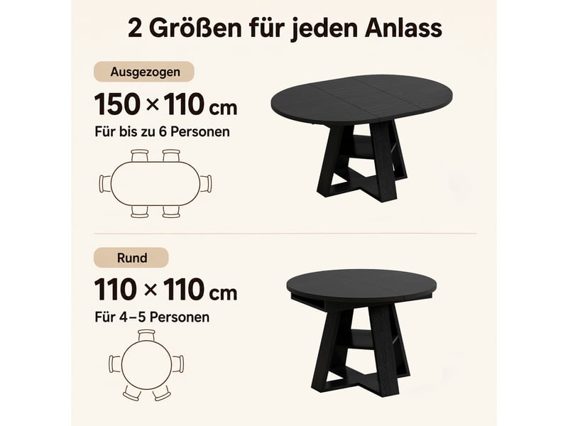  Table extensible pour 4 à 6 personnes avec rangement de rallonge et tablette sous plateau en mdf noir pour salle à manger  - Conforama E