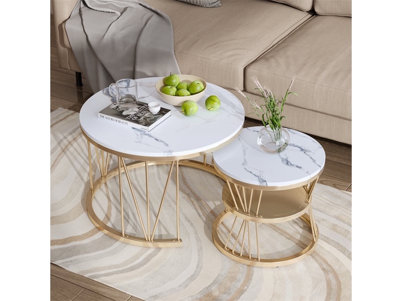  Lot de 2 tables basses ø70x45cm et ø45x40cm - tables gigognes rondes effet marbre, structure en v - doré et blanc  - Conforama D