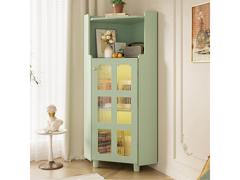 Armoire d'angle verte moderne avec éclairage led et commande application 63.5*124 cm pour salon bibliothèque salle de bain  - Conforama E