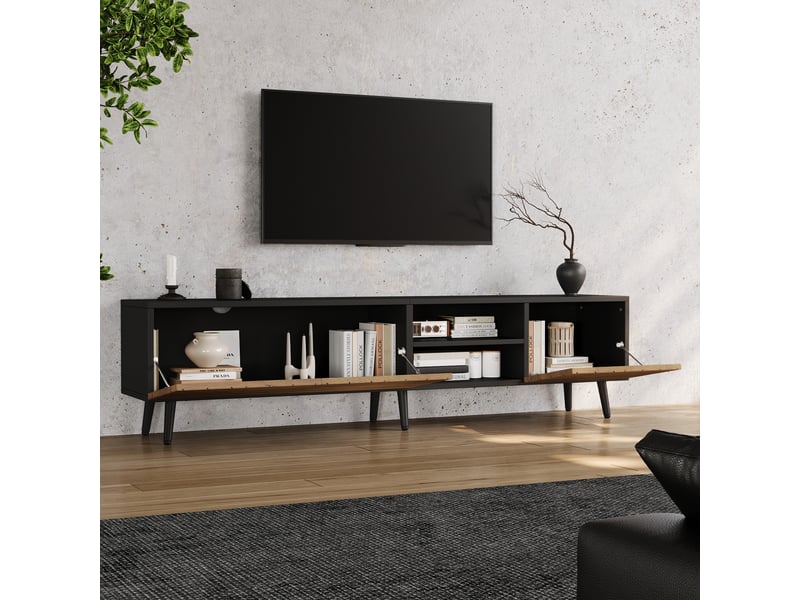  Meuble tv 180x33,5x45 cm - meuble bas tv avec rangements fermés, charnières silencieuses et passe-câbles, design moderne  - Conforama E