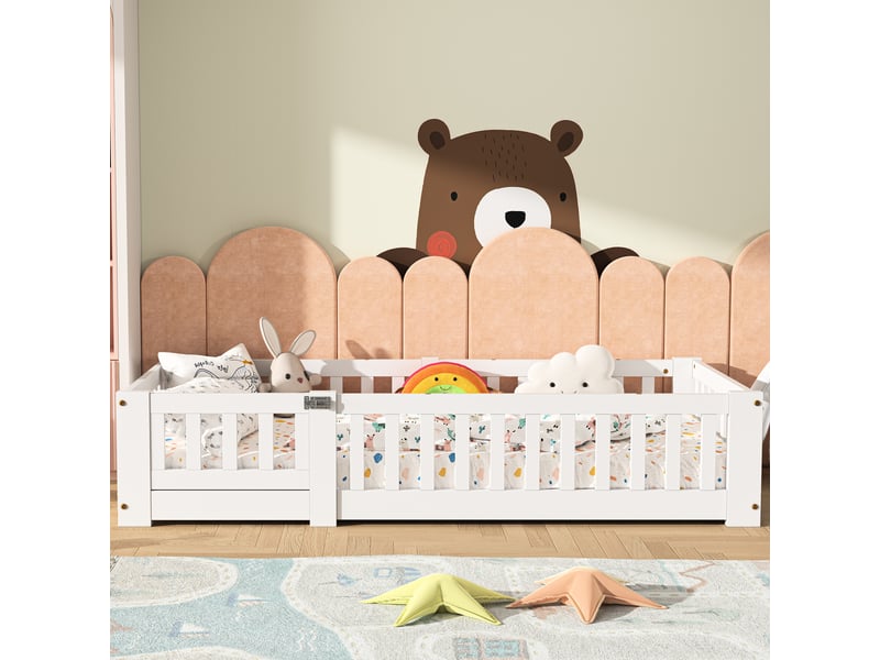 Lit enfant et lit simple montessori 80x160 cm avec barrières de sécurité et sommier à lattes, cadre en bois de pin blanc, sans matelas - Conforama B