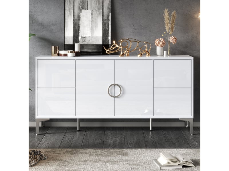  Buffet blanc brillant 150 cm en mdf, 4 tiroirs sans poignées, 2 portes et pieds en métal, meuble bas pour salon et salle à manger  - Conforama D