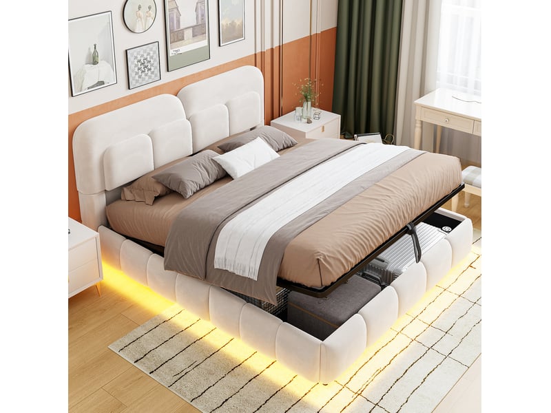  Lit coffre 140 × 200 cm 2 places avec led réglable et tête de lit rembourrée, sans matelas, en velours beige  - Conforama C