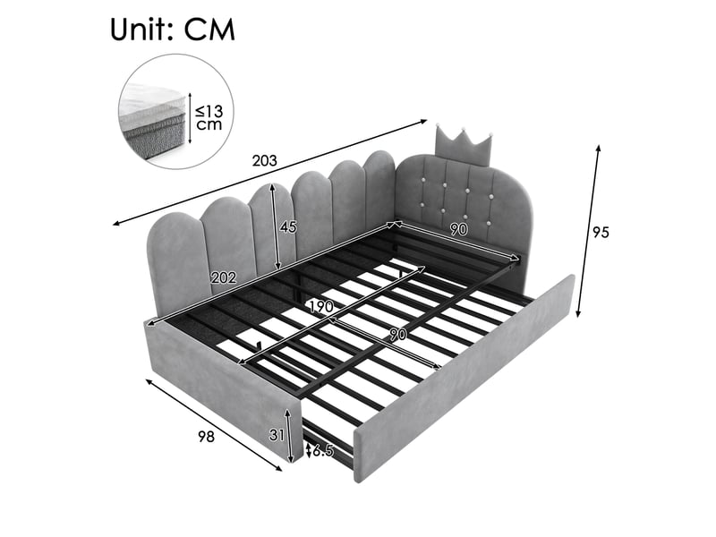  Canapé-lit pour enfant 90 × 200 cm, avec lit coulissant, forme en l, velours, gris  - Conforama C