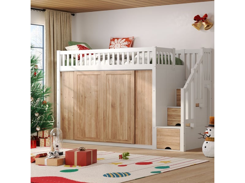  Lit mezzanine enfant 90 x 200 cm lit simple multifonctionnel meuble à porte coulissante meuble d'escalier éclairage led coloré blanc et aspect chêne  - Conforama B