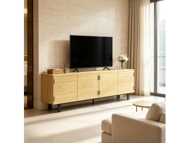  Meuble tv modenvie 180 x 35 x 55,5 cm 4 portes à ouverture par pression effet bois naturel  - Conforama B