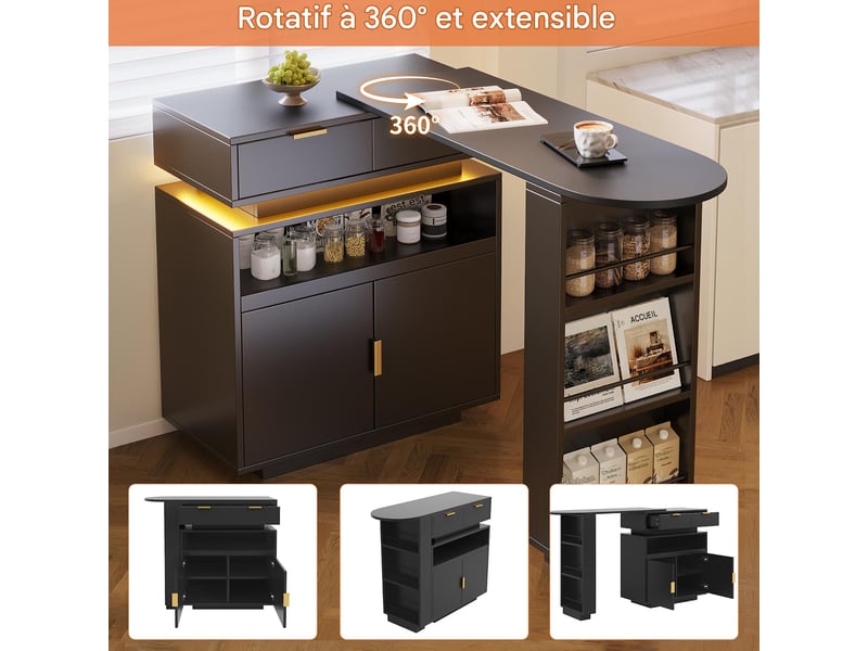  Table de bar extensible avec rangements et led en mdf noir 115-183x40x99,5 cm - pangivo  - Conforama D