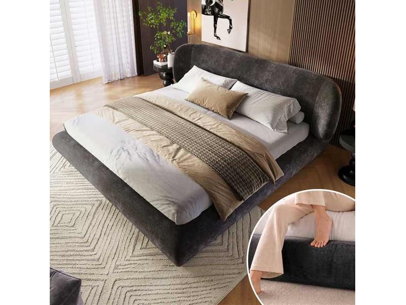  Lit rembourré 140 × 190 cm 2 places avec tête de lit et bords arrondis, sans matelas, en chenille grise  - Conforama B