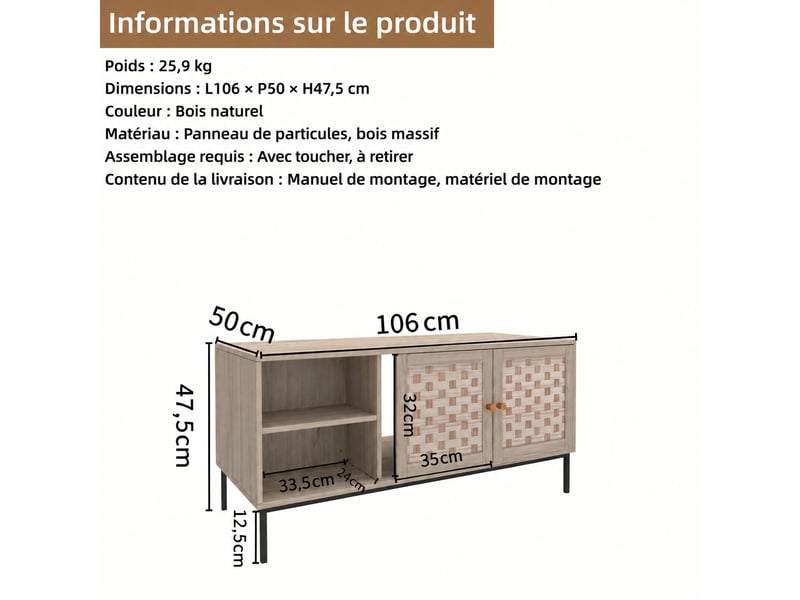  Table basse rectangulaire avec rangement et 4 portes coulissantes, 106 x 50 x 47,5 cm, coloris chêne  - Conforama C