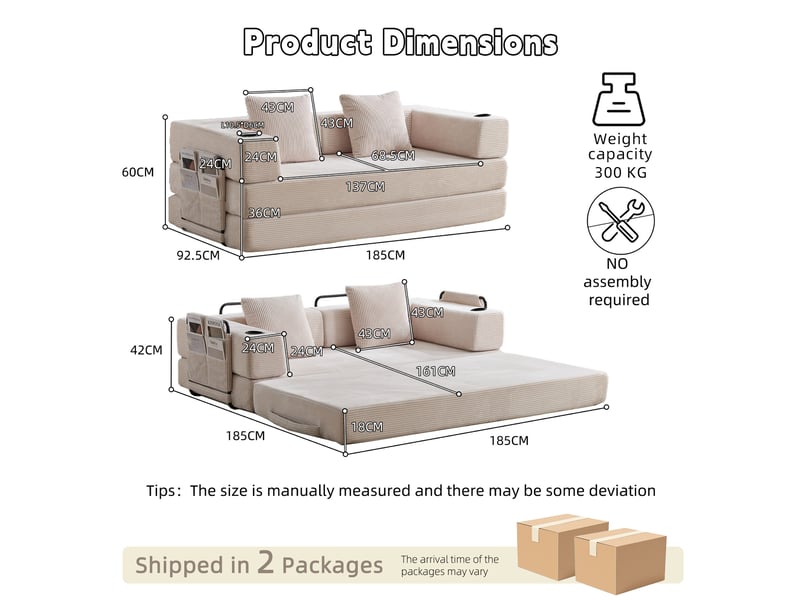  Canapé convertible pliable avec porte-gobelets et poches latérales, dossier rabattable en velours côtelé blanc  - Conforama D