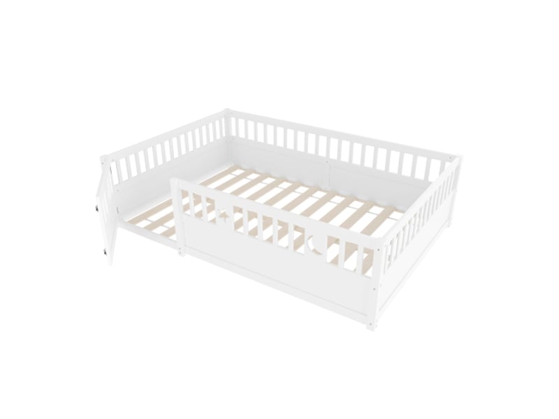  Lit à panneaux, 140 x 190 cm, lit enfant avec barrière de sécurité, décor étoiles et lune, sans matelas, style minimaliste, blanc  - Conforama E