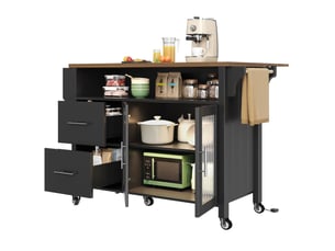 Desserte de cuisine 139 x 40 x 94,5 cm noire en mdf, plateau pliant, rangement sur roulettes avec led