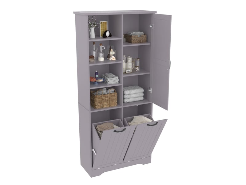 Armoire de salle de bains grise en mdf 78 x 35 x 172,7 cm, 2 paniers à linge et rangements modulables - Conforama A