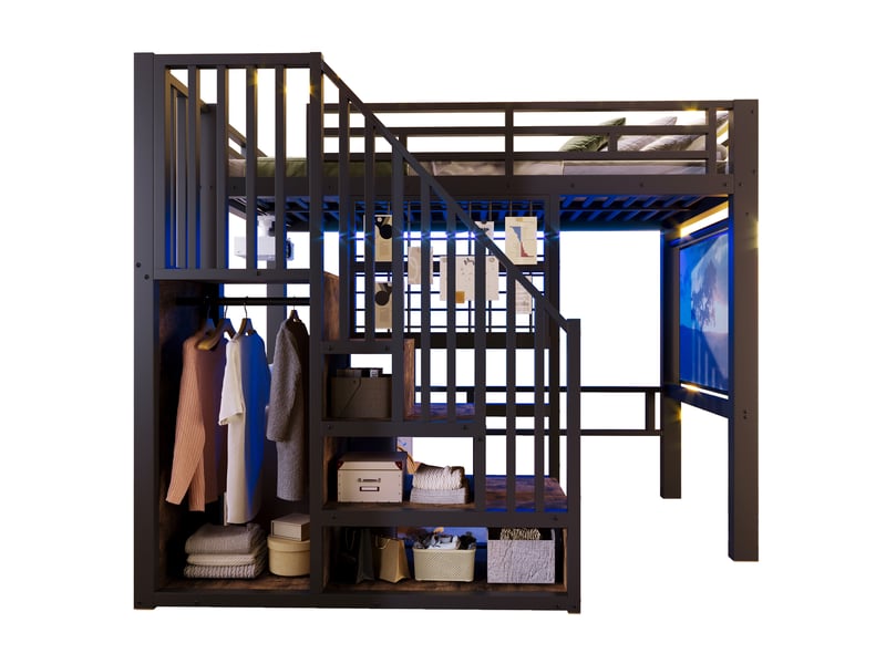  Lit mezzanine 90x200 cm en métal noir avec échelle rangement, grille murale et led  - Conforama D
