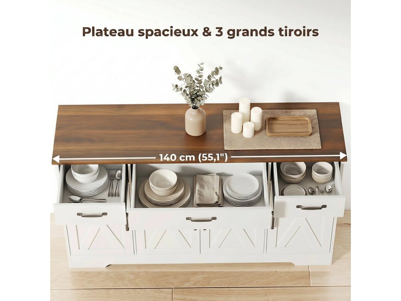  Buffet, meuble de rangement cuisine style ferme avec 4 portes de grange, étagères ajustables, 3 tiroirs, blanc  - Conforama E