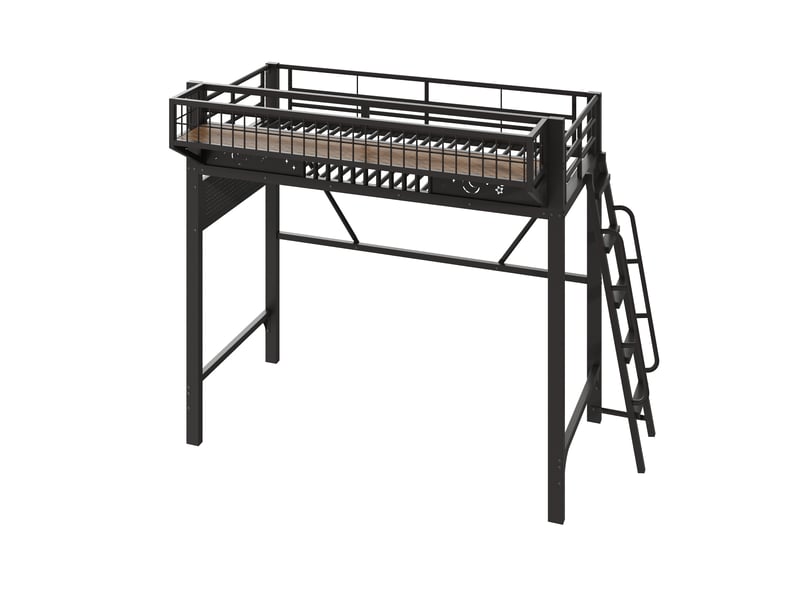  Lit mezzanine en métal, lit simple avec niches et escalier réversible, 90x200 cm, sans matelas, noir  - Conforama E