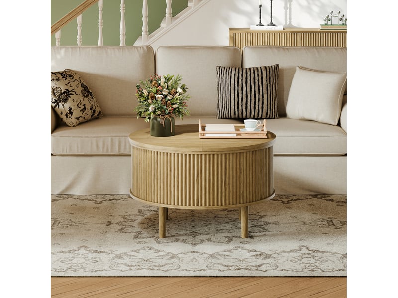  Table basse ronde relevable 80 x 80 x 50 cm avec rangement, finition naturelle  - Conforama B