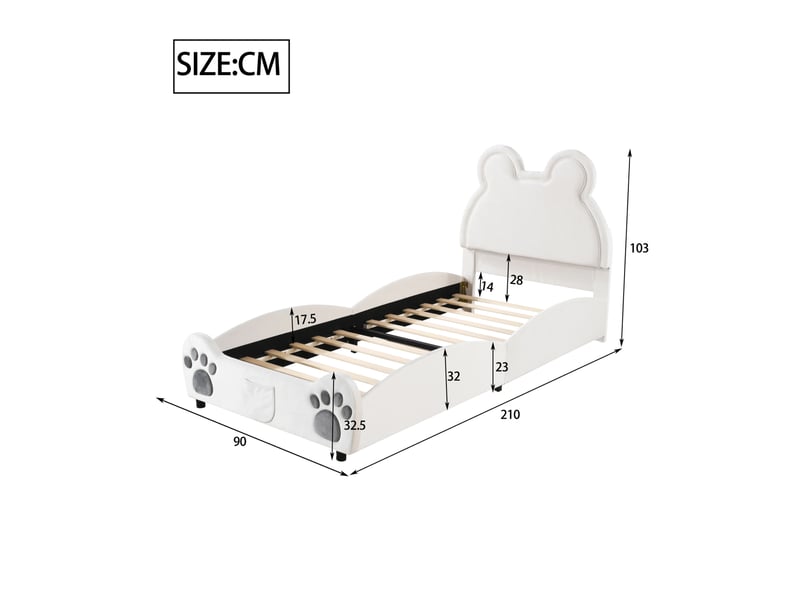  Lit enfant 90 x 200 cm en velours blanc, forme ours, sommier à 12 lattes  - Conforama C