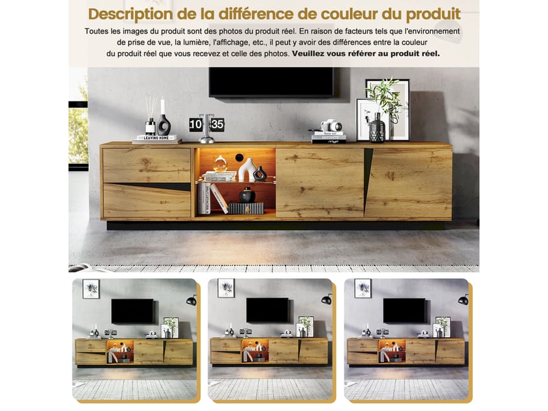  Meuble tv bois et noir 180×35×45 cm en mdf, led, 2 tiroirs, 2 portes, étagère en verre, niche ouverte et passe-câbles  - Conforama E
