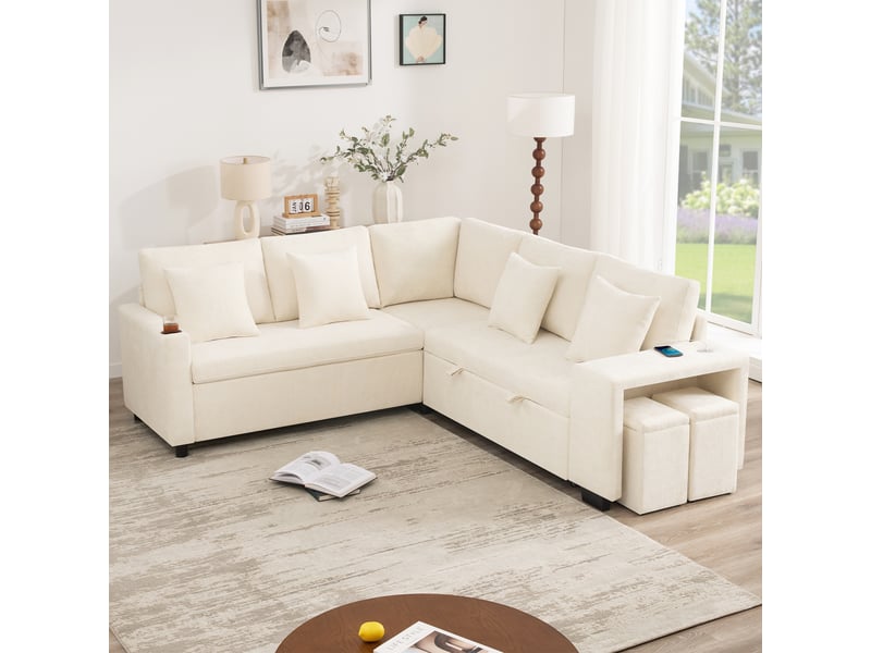  Canapé d’angle convertible avec rangement 220x205x86,5 cm méridienne réversible, coffre de rangement, usb et usb-c, chenille, beige Radiant Stride - Conforama B