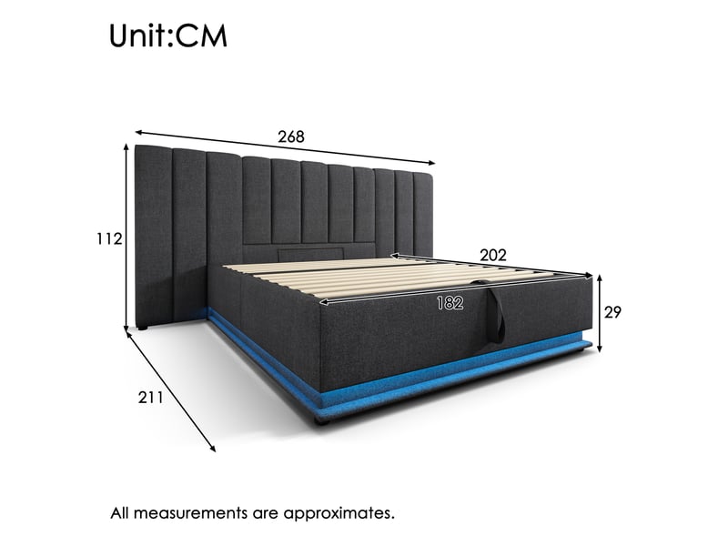  Lit coffre 180×200cm, lit adulte, charge, led intégré 360°, tête de lit, espace de rangement, lin, métal, bois, gris, lit 2 places  - Conforama C