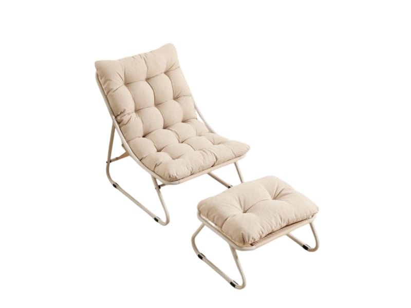 Fauteuil lounge d’extérieur avec repose-pieds, chaise inclinable confortable avec coussin épais, idéal pour salon, chambre et espace de lecture, structure beige avec coussin beige  - Conforama A