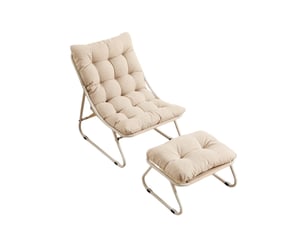 Fauteuil lounge d’extérieur avec repose-pieds, chaise inclinable confortable avec coussin épais, idéal pour salon, chambre et espace de lecture, structure beige avec coussin beige