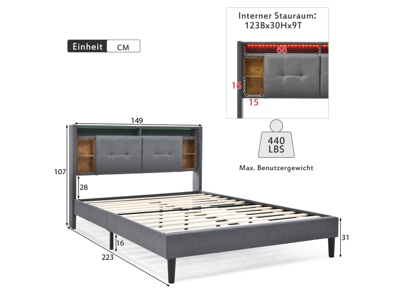  Lit capitonné 140*200cm avec rangement de tête, ports usb, led, lattes et matelas inclus, gris  - Conforama B