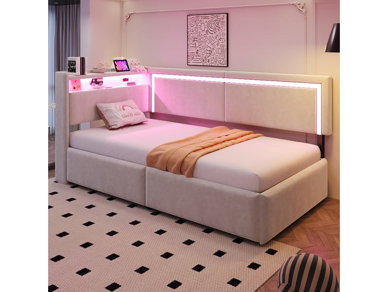  Lit simple 90x200 cm rangement hydraulique led et ports usb en velours beige  - Conforama C