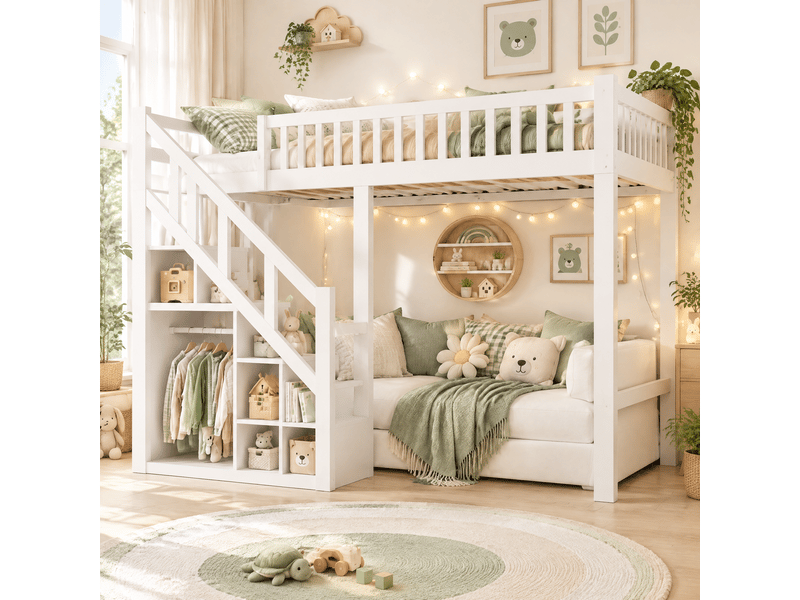  Lit mezzanine 140x200 cm, lit superposé enfant avec escaliers de rangement et barrière de sécurité, sommier à lattes  - Conforama W