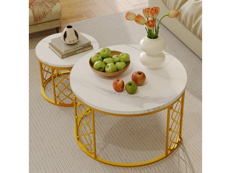  Table basse gigogne 2 pièces effet marbre blanc et doré mdf métal cravdom  - Conforama B