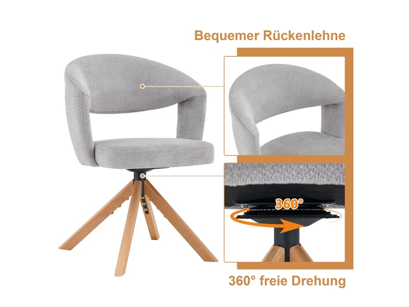  Lot de 2 chaises salle à manger,47x47,5x81,5 cm,pivotantes 360°,tissu,gris  - Conforama D