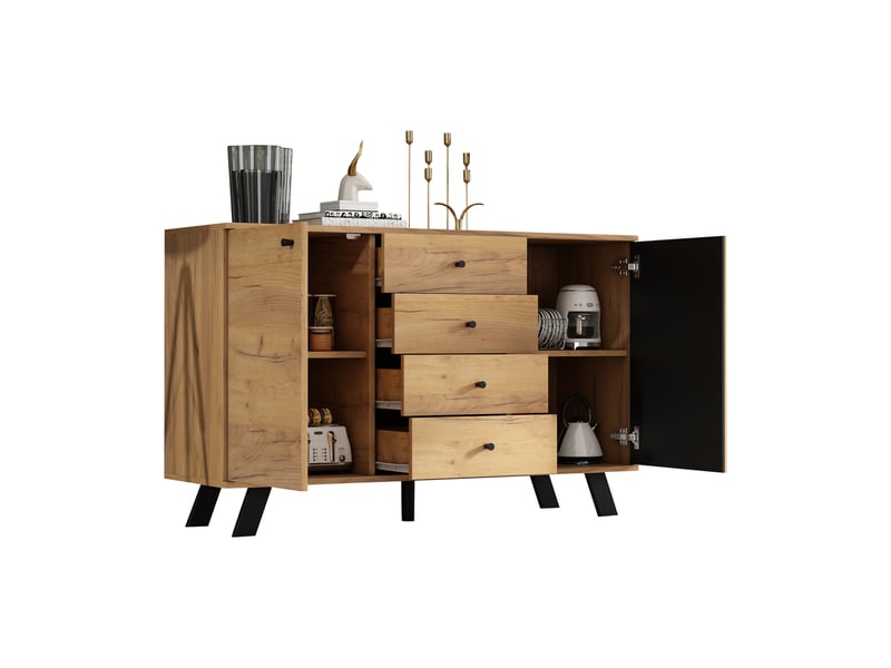 Ensemble meuble tv 150 cm et buffet 120 cm en bois naturel et noir, 5 niveaux, 45 kg de charge  - Conforama D