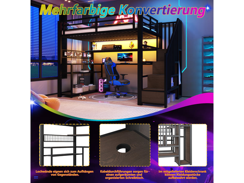 Lit mezzanine gaming 90x200 cm, bureau, armoire, escalier de rangement, étagères et led rgb, métal et mdf, noir - Conforama E