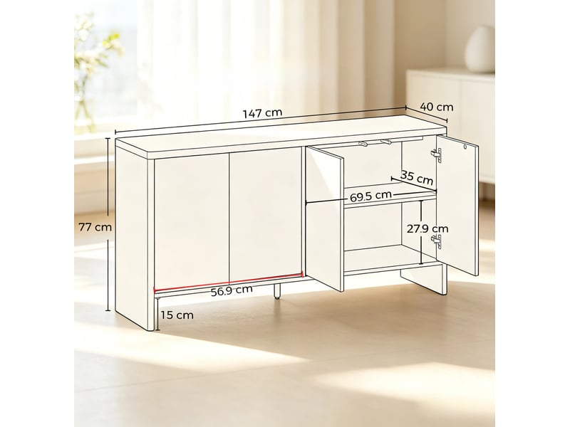 Buffet bas 147x40x77 cm, avec 4 portes sans poignées, rainures, angles arrondis, mdf finition chêne, rangement salon - Conforama C