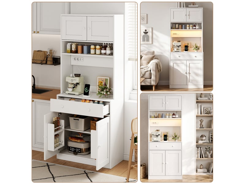 Armoire de cuisine 180 cm blanche, meuble de cuisine avec led et armoire avec grand tiroir, multiprise intégrée - Conforama B