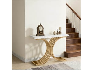Console rectangulaire fixe avec plateau effet marbre et piètement métal doré stable pour entrée et salon